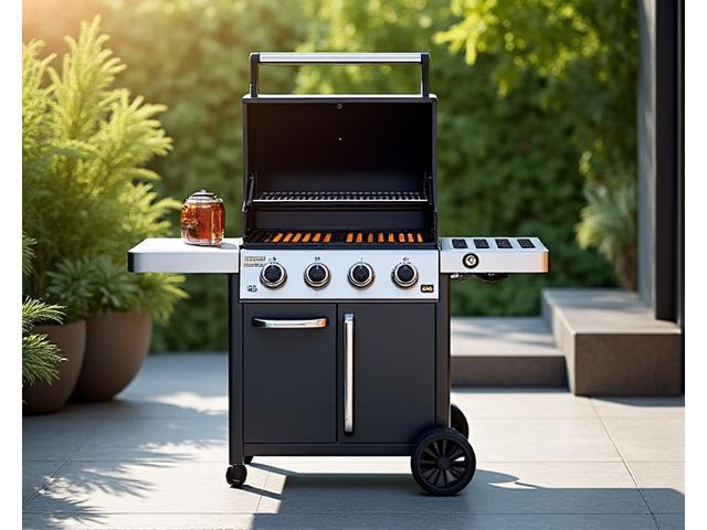 Burnhard Gasgrill Explorer 3 auf einer Terrasse mit offener Haube