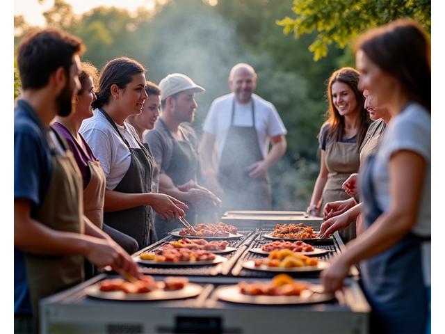 Gruppe von Menschen nimmt an einem Grillkurs teil