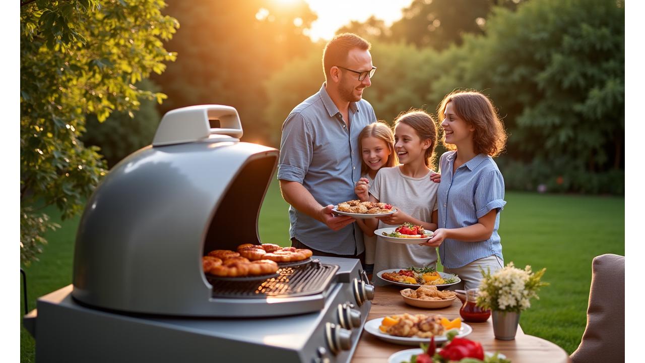 Eine glückliche Familie genießt ein Barbecue im Garten mit einem Burnhard Grill.