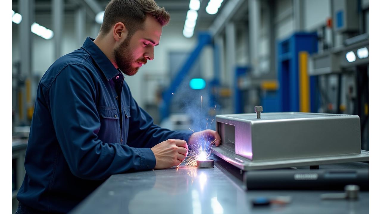 Detailaufnahme des Herstellungsprozesses eines Grills, ein Arbeiter überprüft die Schweißnähte.